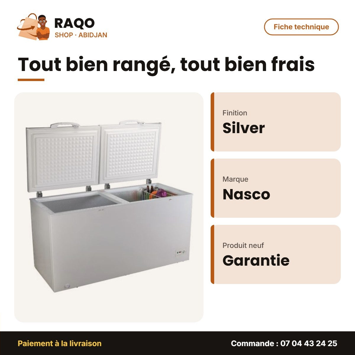 Congélateur Horizontal Nasco – Silver – 2 Portes – 2 Paniers Internes | KNAS-725