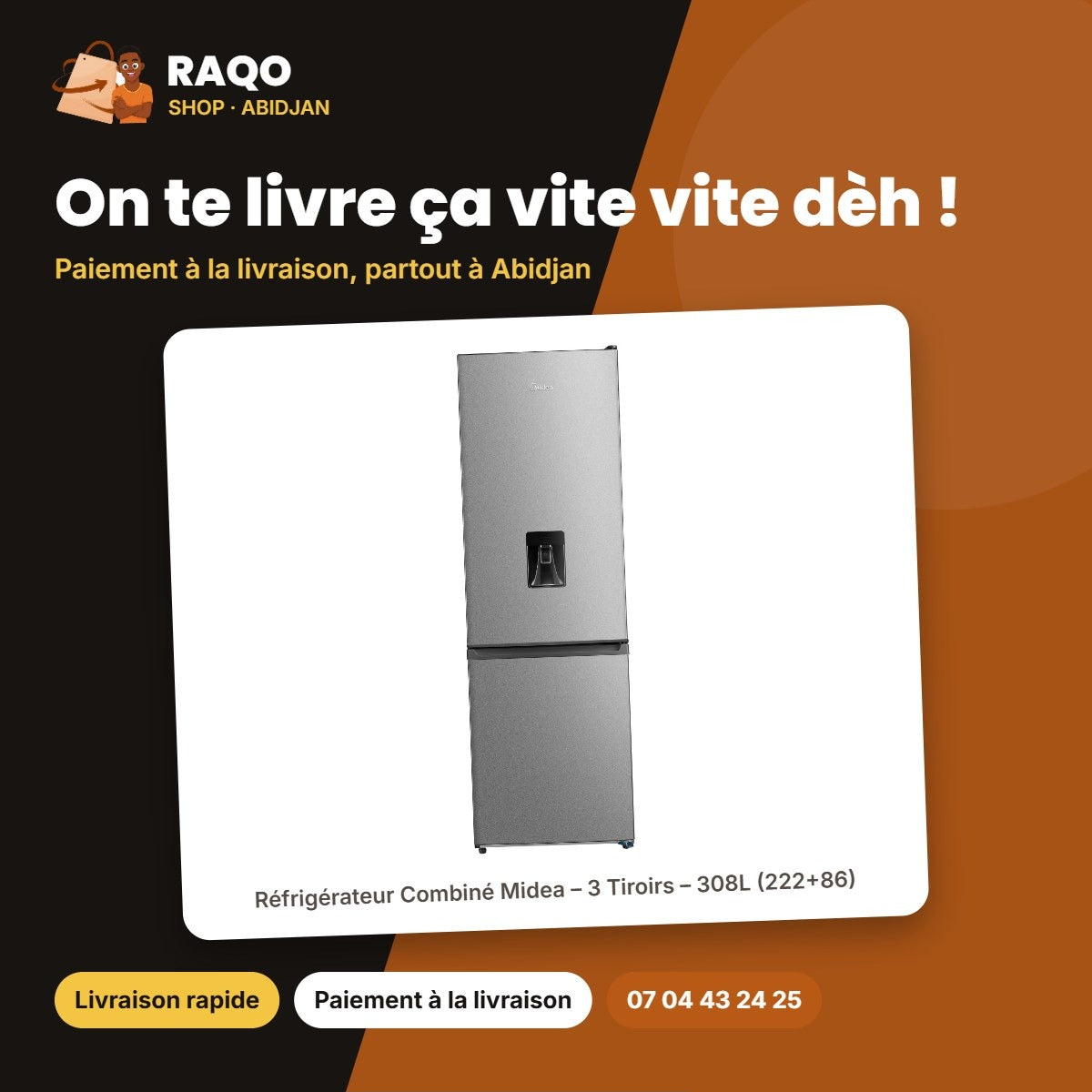 Réfrigérateur Combiné Midea – 3 Tiroirs – 308L (222+86) – Inverter | MDRB424FGN50DW