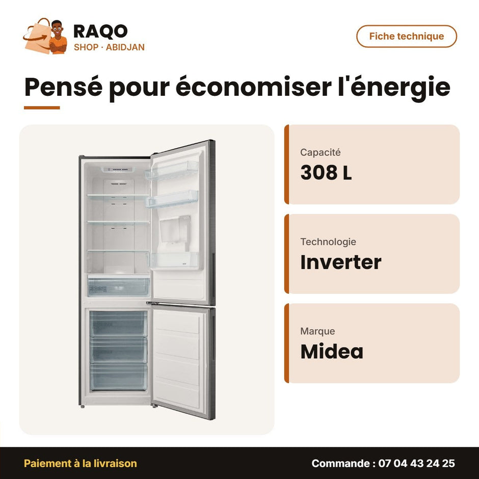 Réfrigérateur Combiné Midea – 3 Tiroirs – 308L (222+86) – Inverter | MDRB424FGN50DW