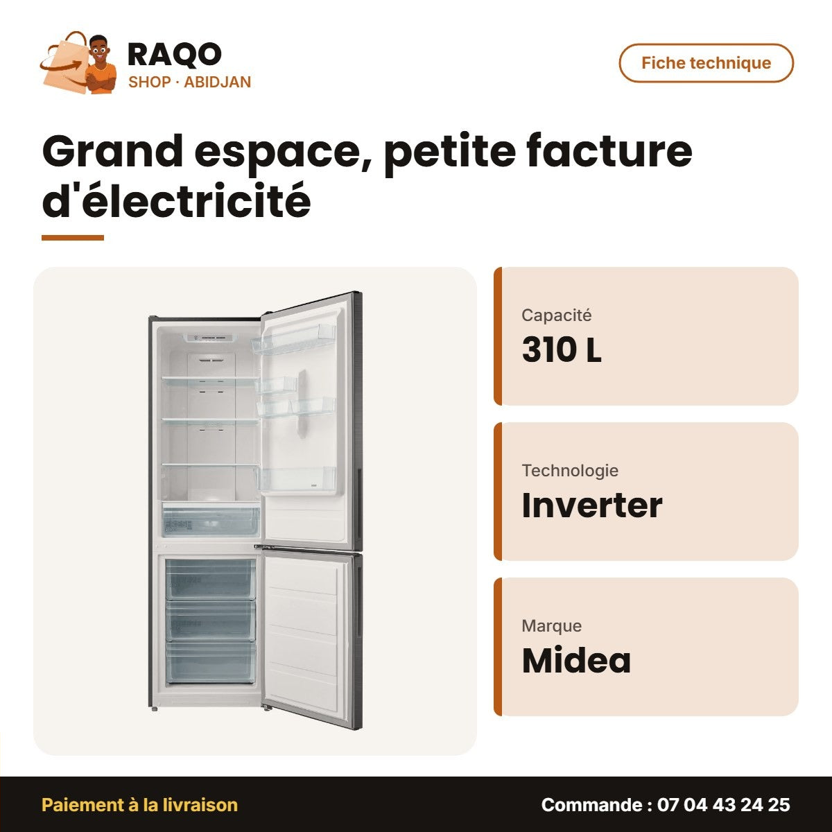 Réfrigérateur Combiné Midea – 3 Tiroirs – 310L (224L+86L) – Inverter | MDRB424FGN50D