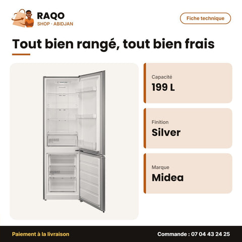Réfrigérateur Combiné Midea – 3 Tiroirs – (199L+71L) 270L – Silver | MDRB380FGD50