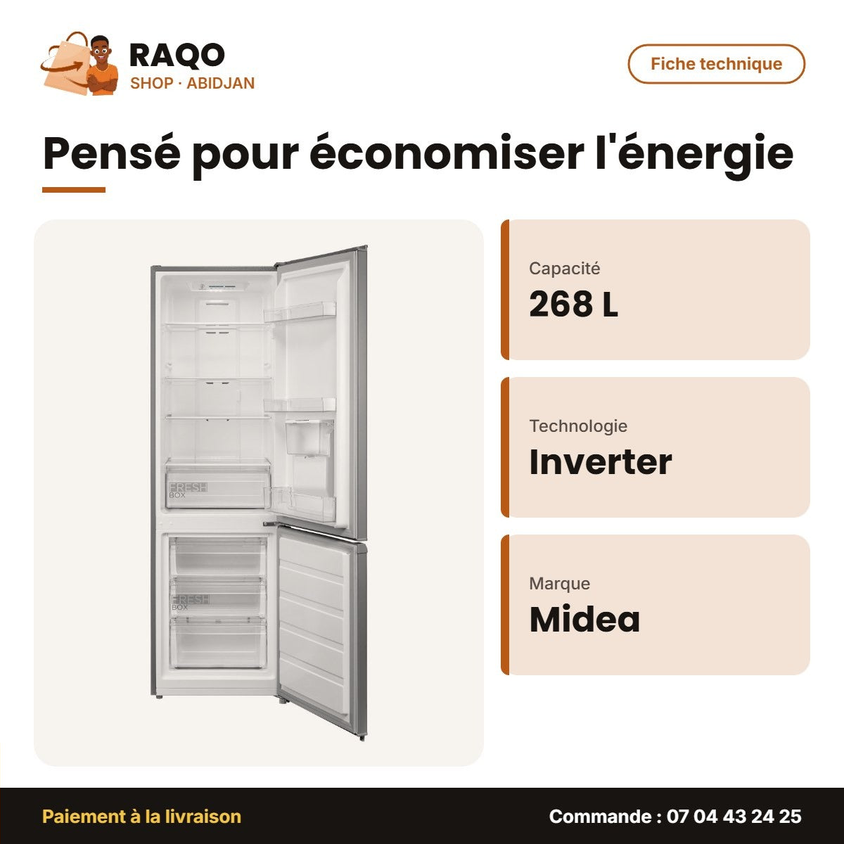 Réfrigérateur Combiné Midea – 3 Tiroirs – 268L (197+71) – Inverter | MDRB380FGN50D