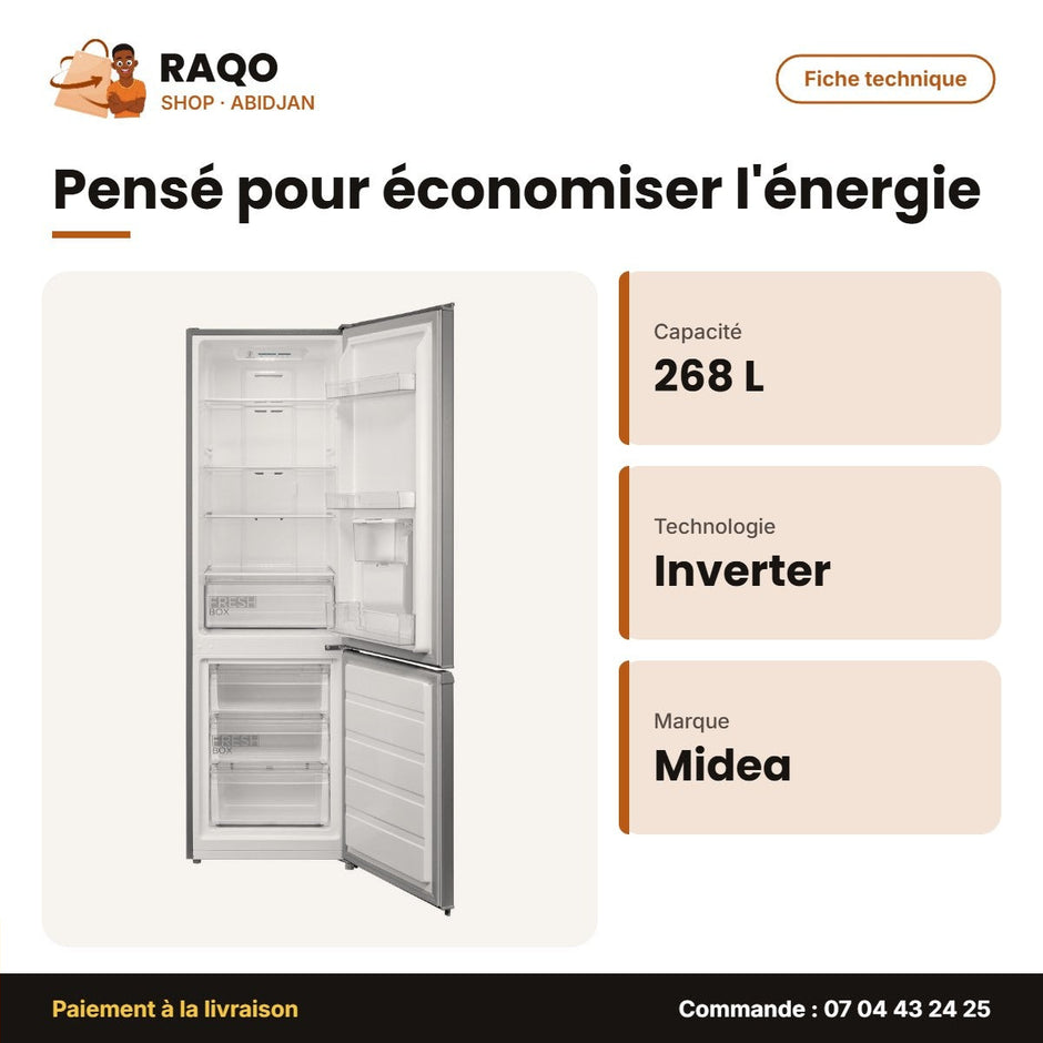 Réfrigérateur Combiné Midea – 3 Tiroirs – 268L (197+71) – Inverter | MDRB380FGN50D