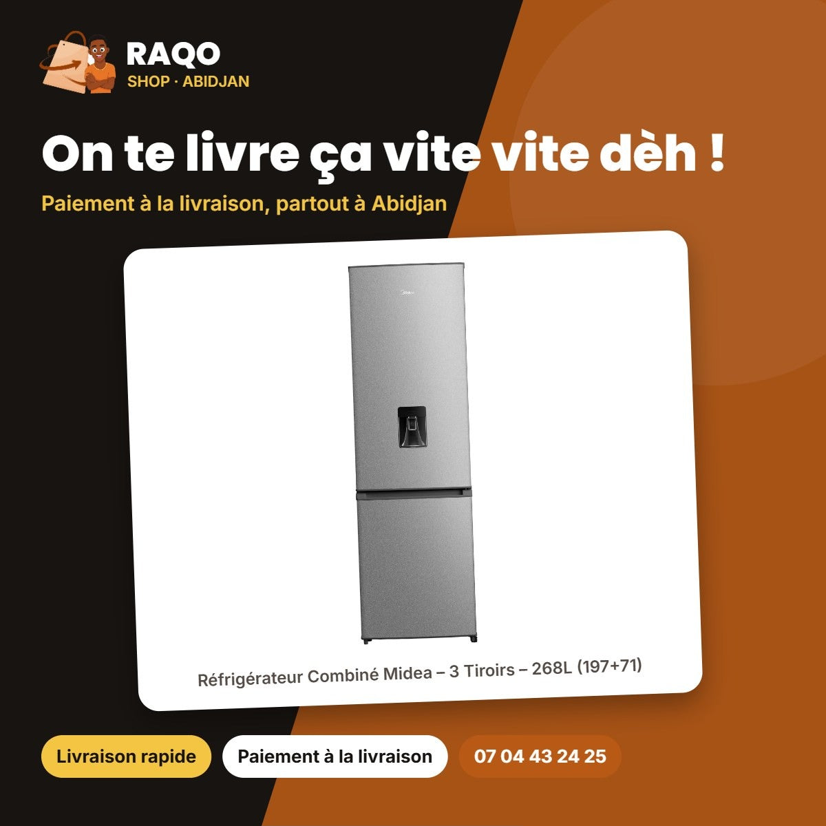 Réfrigérateur Combiné Midea – 3 Tiroirs – 268L (197+71) – Inverter | MDRB380FGN50D