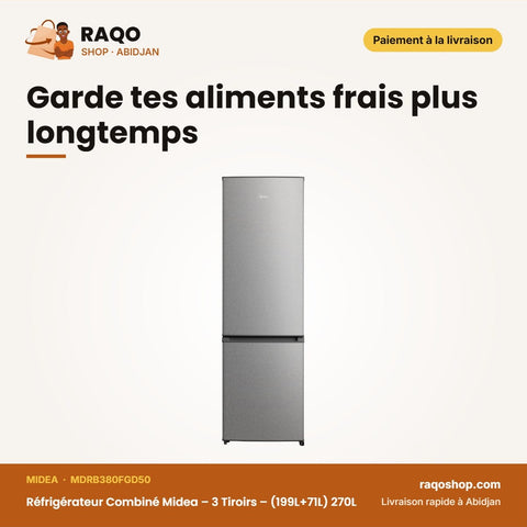 Réfrigérateur Combiné Midea – 3 Tiroirs – (199L+71L) 270L – Silver | MDRB380FGD50