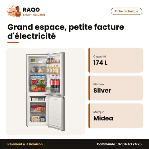Réfrigérateur Combiné Midea – 2TIROIRS – 174L (115LT+59LT) – Silver-Argent | MDRB241FGF50