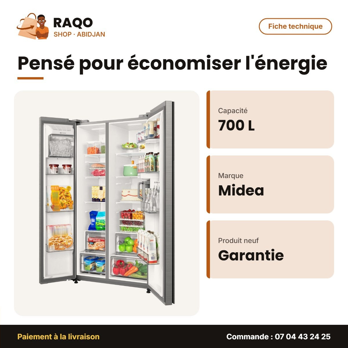 Réfrigérateur Américain Midea – 2 Portes – Brossé Steel – 700L(433L+267L) | MDRS925CIH46M