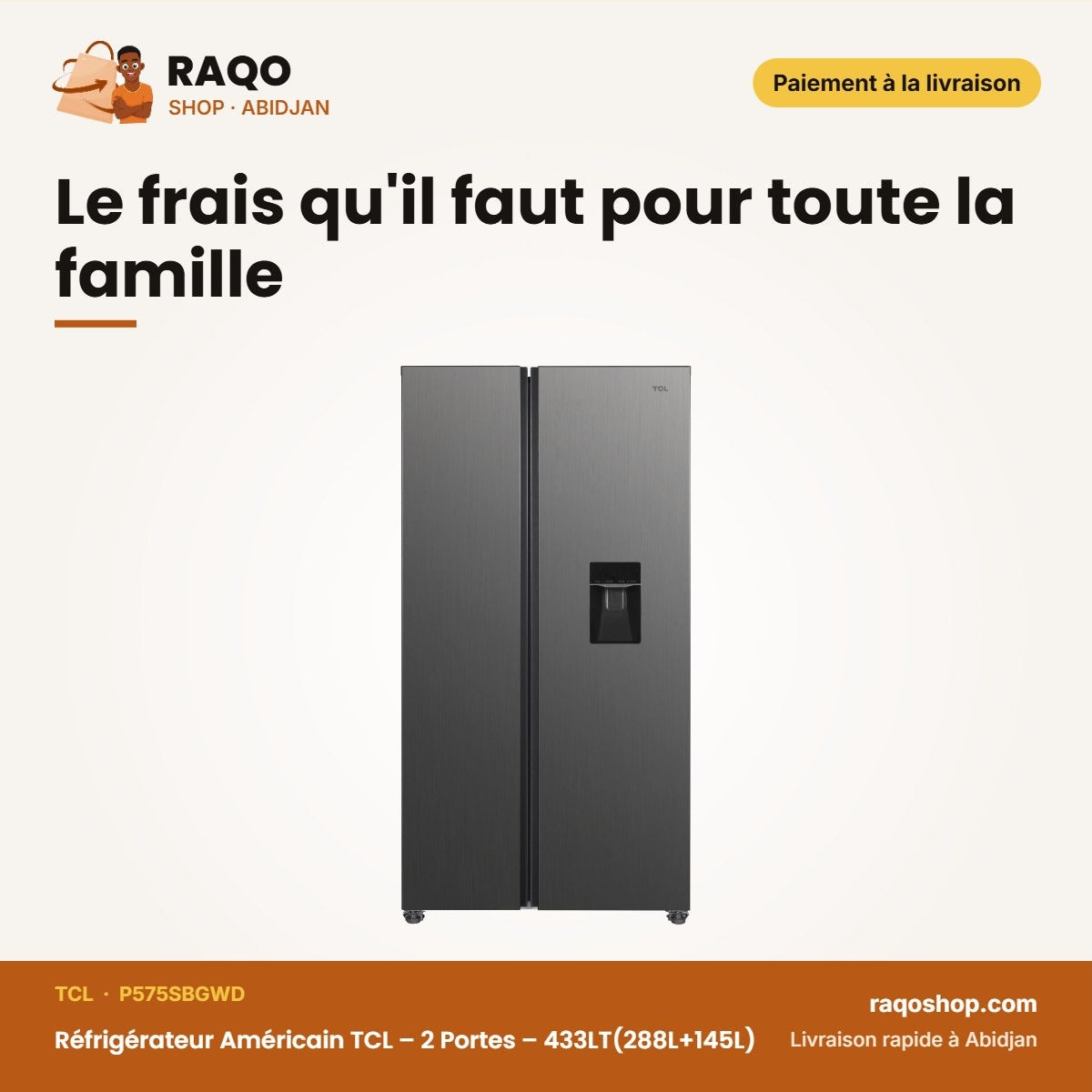 Réfrigérateur Américain TCL – 2 Portes – 433LT(288L+145L) – Grey | P575SBGWD