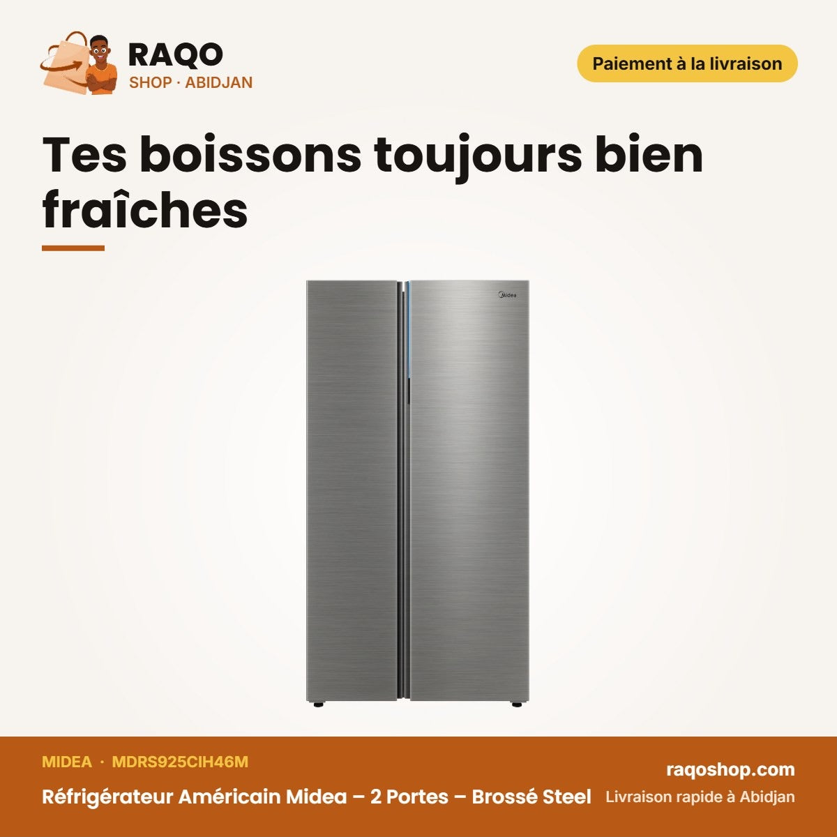 Réfrigérateur Américain Midea – 2 Portes – Brossé Steel – 700L(433L+267L) | MDRS925CIH46M