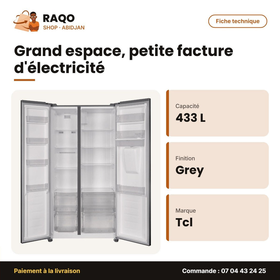Réfrigérateur Américain TCL – 2 Portes – 433LT(288L+145L) – Grey | P575SBGWD