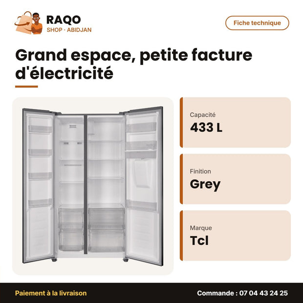 Réfrigérateur Américain TCL – 2 Portes – 433LT(288L+145L) – Grey | P575SBGWD