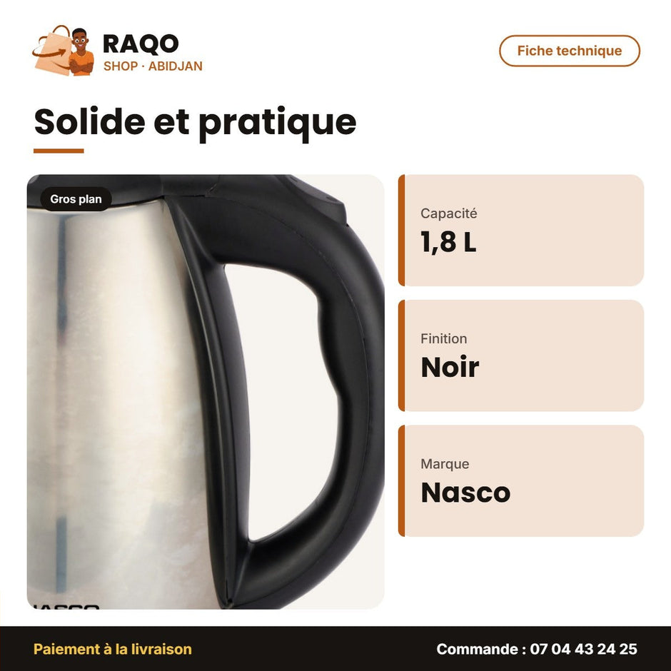 Bouilloire Électrique Nasco – 1.8 L – Noir-Acier Inox. – 360° | KES4149BC-N