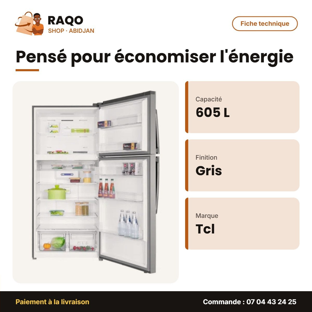Réfrigérateur TCL – 605L (445L + 160L) – Gris Fonce – Multi Air Flow | P605TM