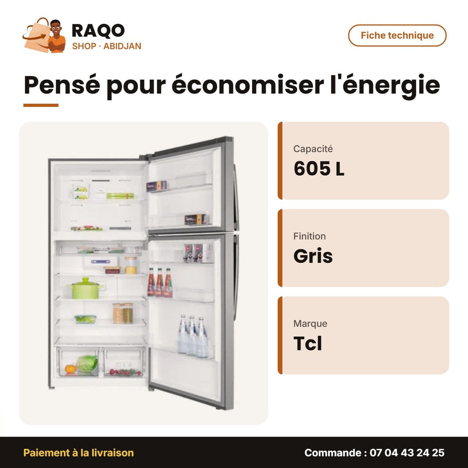 Réfrigérateur TCL – 605L (445L + 160L) – Gris Fonce – Multi Air Flow | P605TM