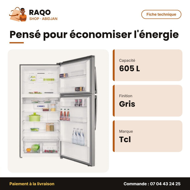Réfrigérateur TCL – 605L (445L + 160L) – Gris Fonce – Multi Air Flow | P605TM