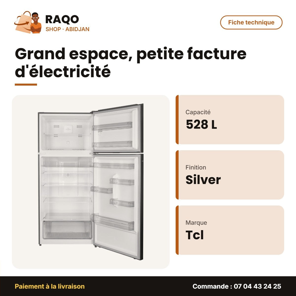 Réfrigérateur TCL – 528L (411L+117L) – No Frost-Cooling Technology – Silver | P687TMN