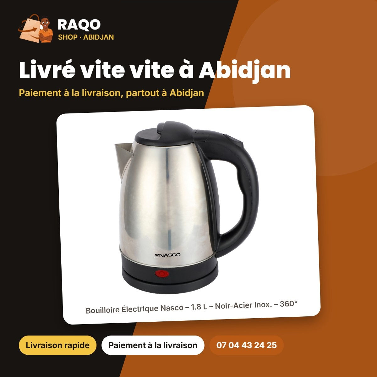 Bouilloire Électrique Nasco – 1.8 L – Noir-Acier Inox. – 360° | KES4149BC-N