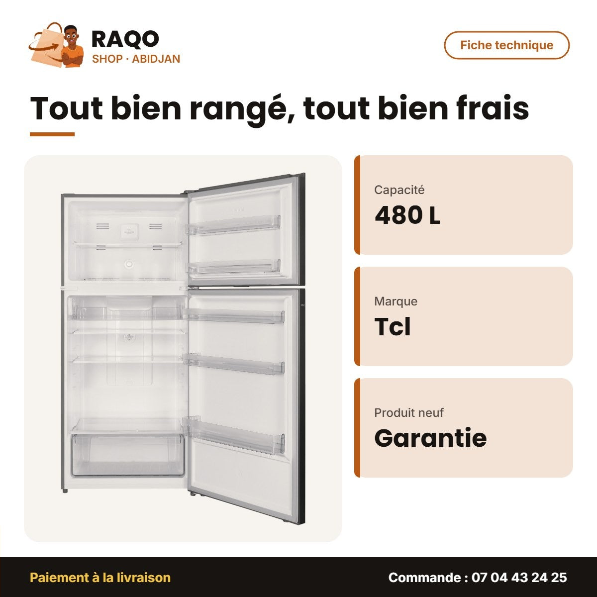 Réfrigérateur TCL – 480LT(370L+110L) – No Frost-Cool.tech. – Circulator System | P624TMN