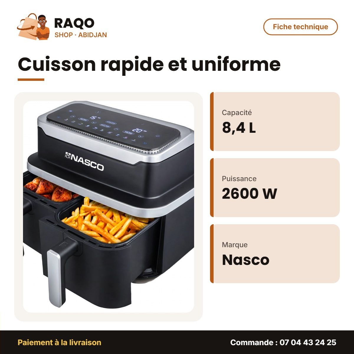 Friteuse à Air Nasco – 8.4 L – 220° – 2600W | AF7005-GS