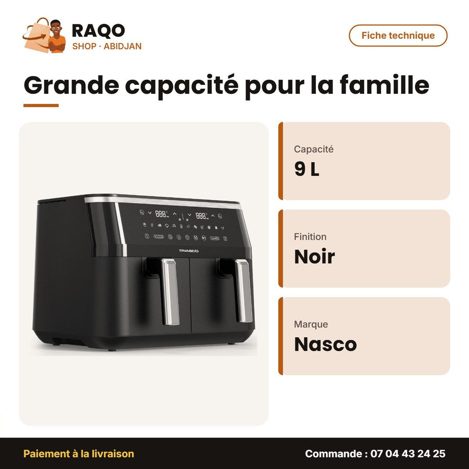 Double Friteuse à Air Nasco – 9L (4.5+4.5) – Écran Digital – Noir | AFT1000-GS