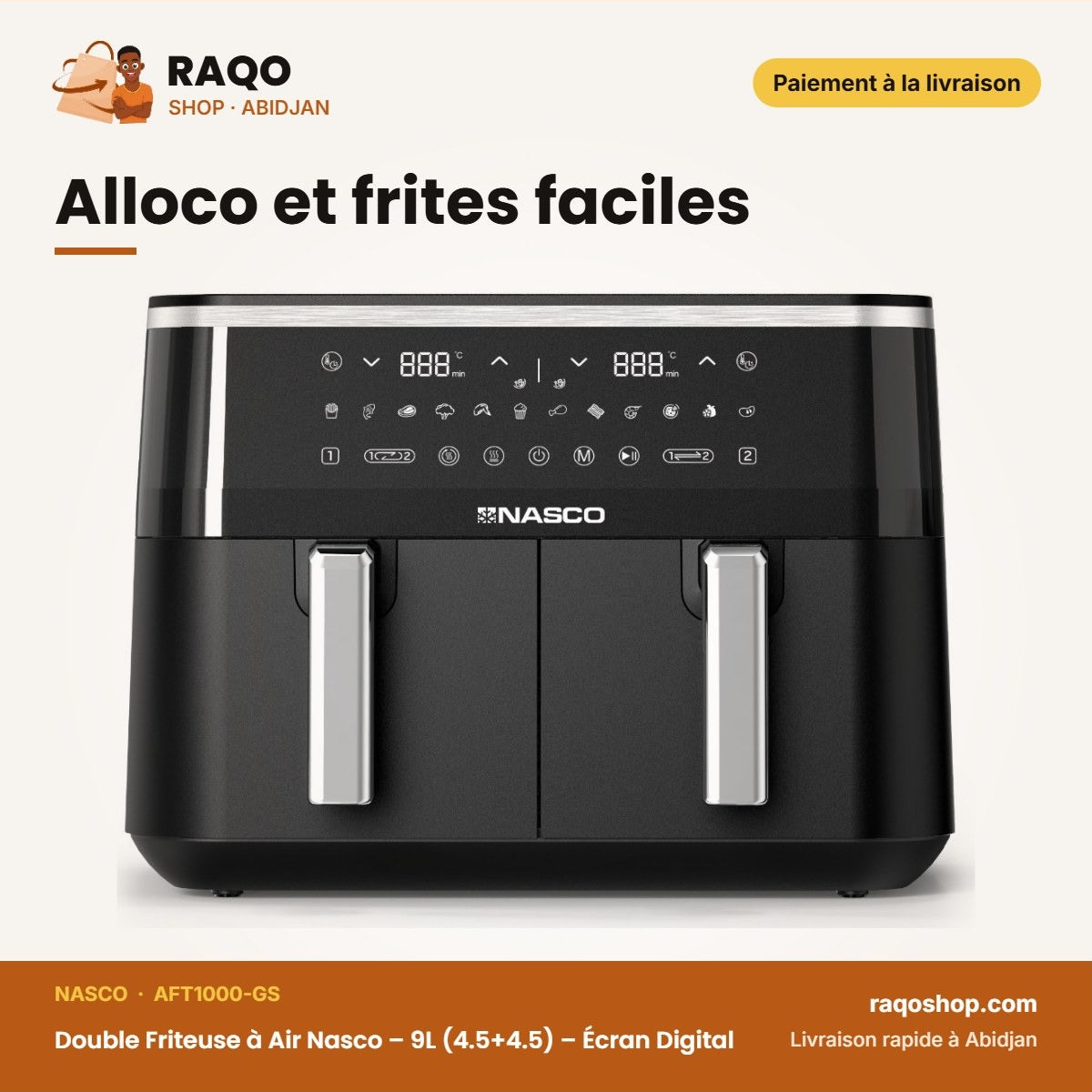 Double Friteuse à Air Nasco – 9L (4.5+4.5) – Écran Digital – Noir | AFT1000-GS