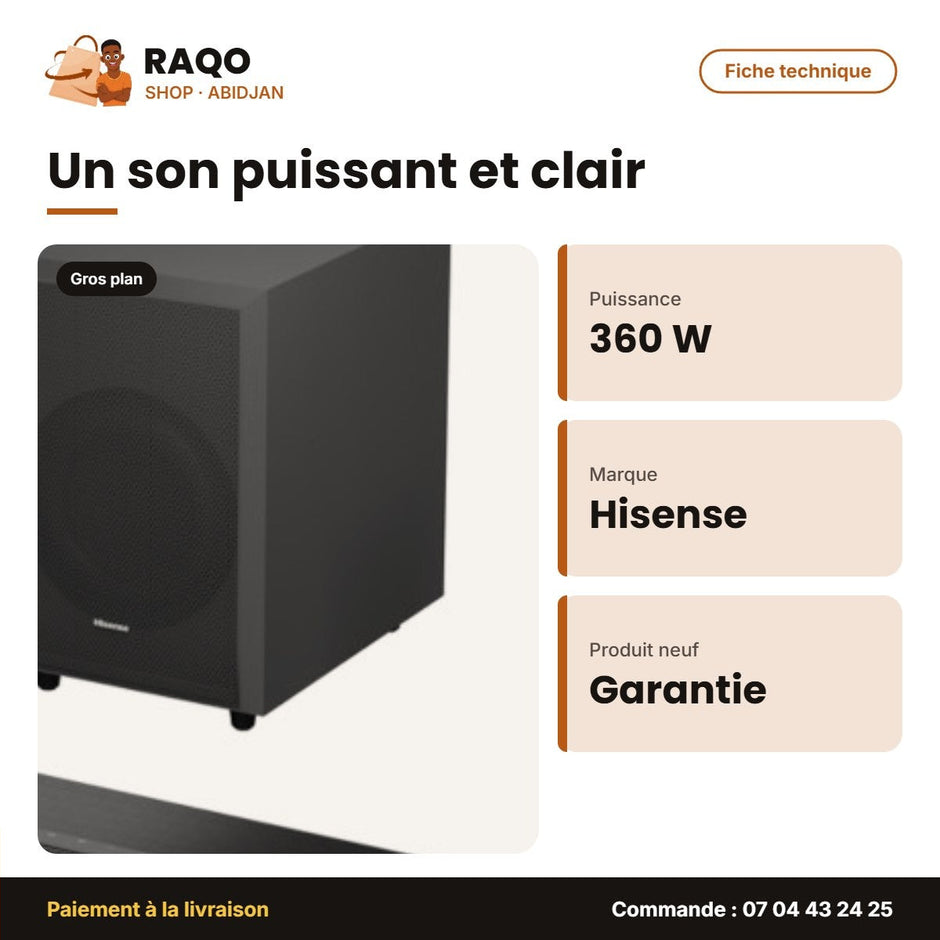 Barre de Son Hisense 3.1.2CH – Sans Fil – 360W – Dolby Atmos | AX3120G