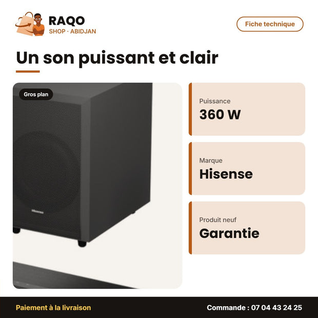 Barre de Son Hisense 3.1.2CH – Sans Fil – 360W – Dolby Atmos | AX3120G