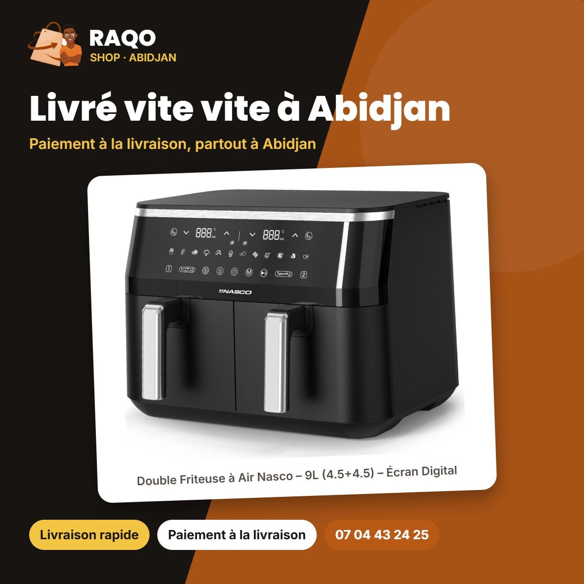 Double Friteuse à Air Nasco – 9L (4.5+4.5) – Écran Digital – Noir | AFT1000-GS