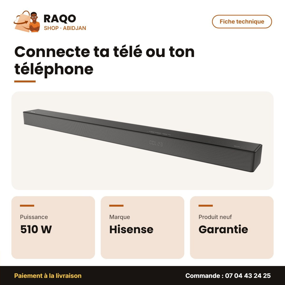 Barre de Son Hisense 5.1.2CH – Sans Fil – 510W – Dolby Atmos | U5120G