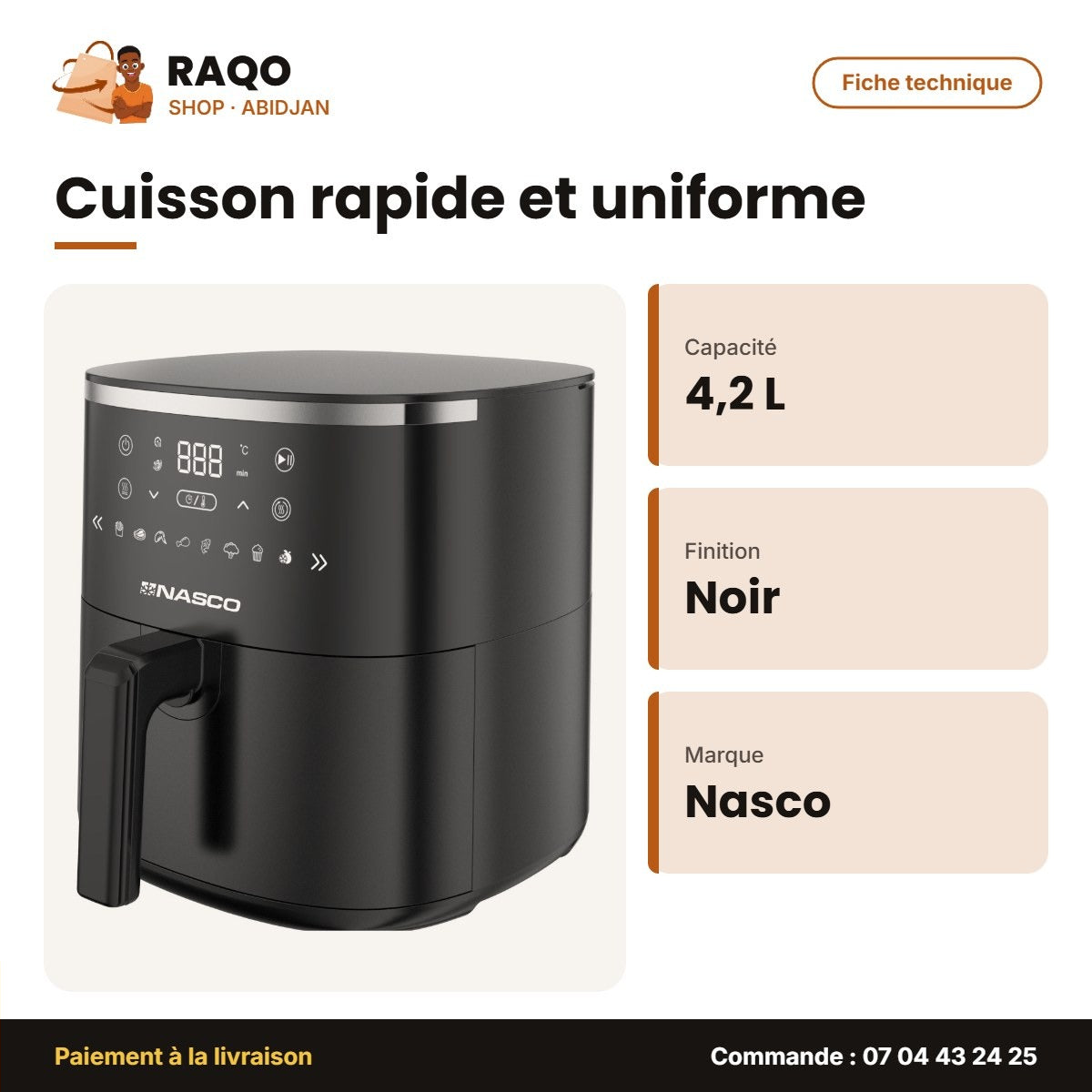 Friteuse à Air Nasco – 4.2L – Écran Digital – Noir | AFT0001A-GS