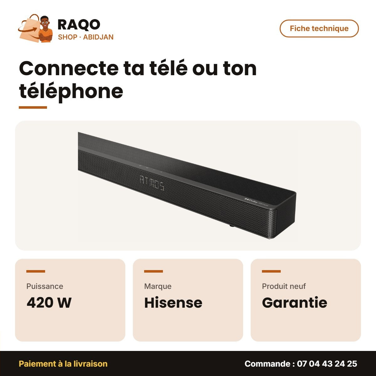Barre de Son Hisense 5.1.2CH – 420W – Caisson de Basse sans Fil – Dolby Atmos | AX5120G