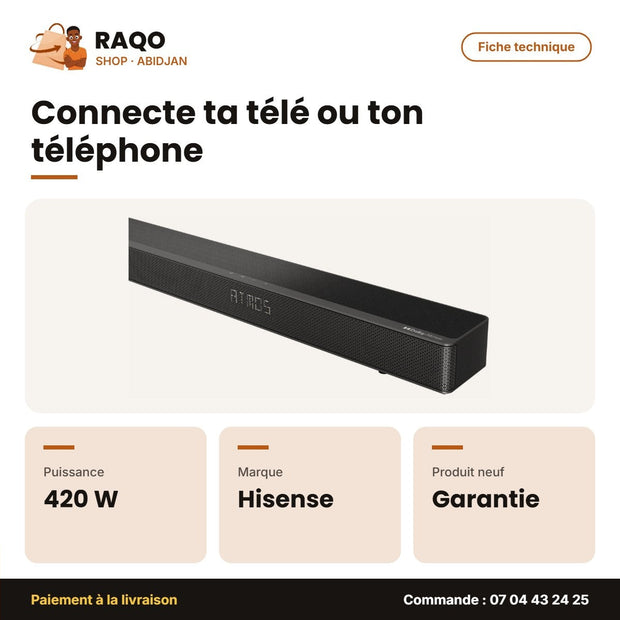 Barre de Son Hisense 5.1.2CH – 420W – Caisson de Basse sans Fil – Dolby Atmos | AX5120G