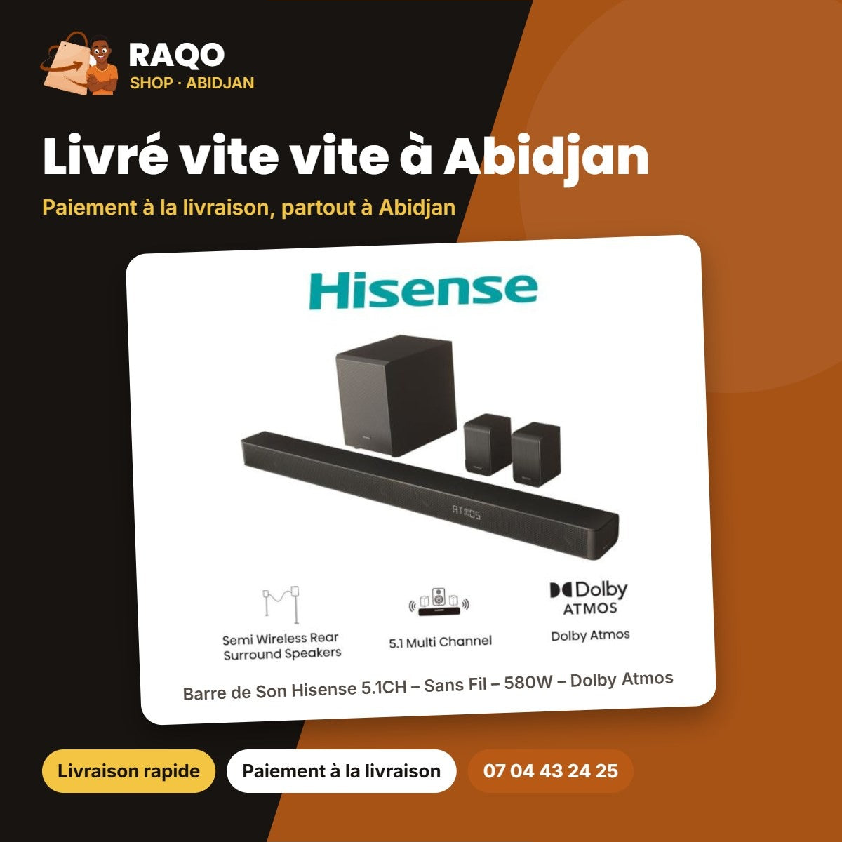 Barre de Son Hisense 5.1CH – Sans Fil – 580W – Dolby Atmos | AX5100Q