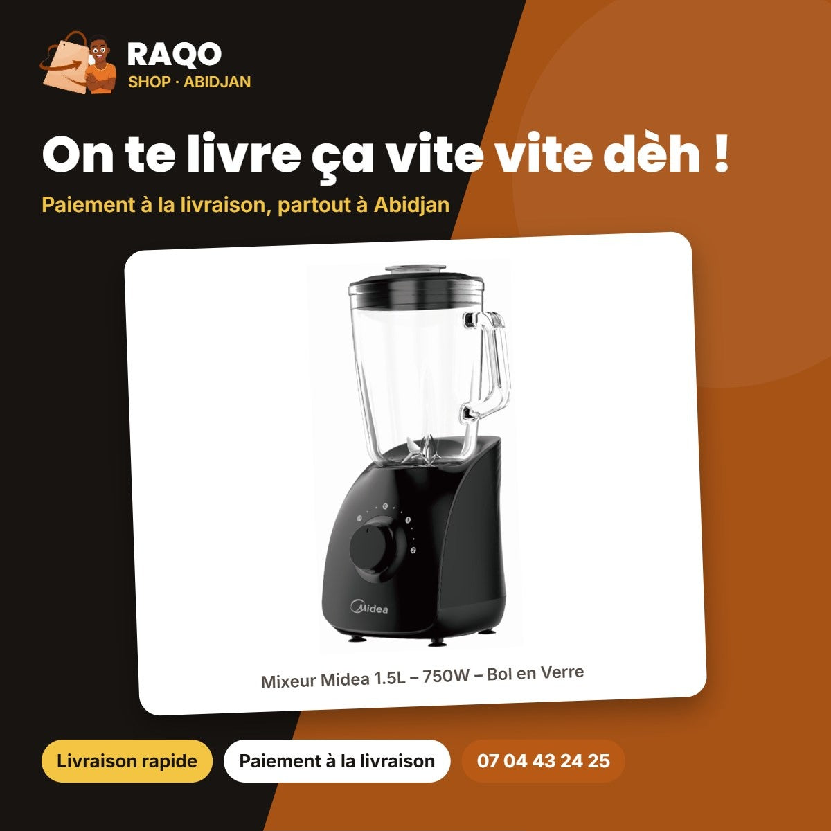 Mixeur Midea 1.5L – 750W – Bol en Verre – Moteur Couleur Noir | MIXER_BL1190