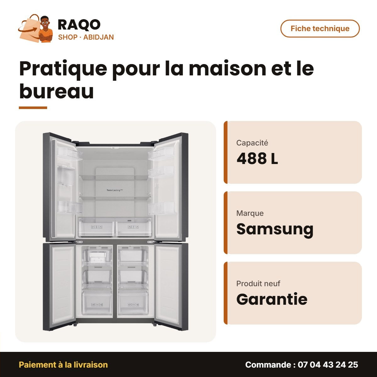 Réfrigérateur Samsung – 4 Portes – Distributeur D'eau – 488L(159L+329L) | RF48A401EB4/EF