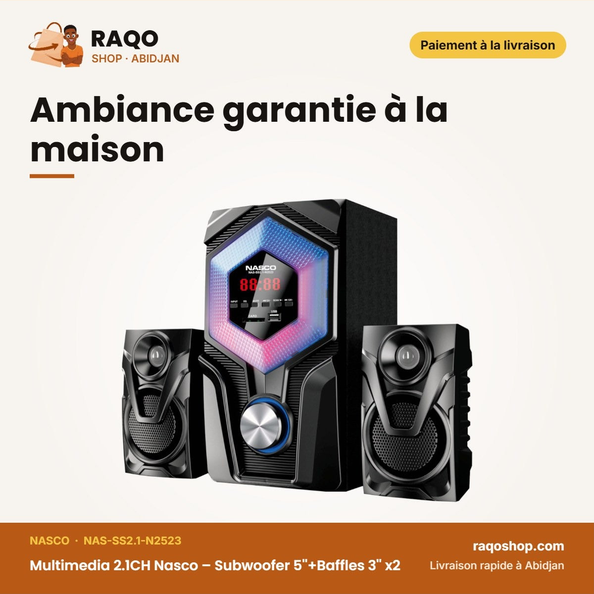 Multimedia 2.1CH Nasco – Subwoofer 5''+BAFFES 3''*2 – Port USB – Sd | NAS-SS2.1-N2523