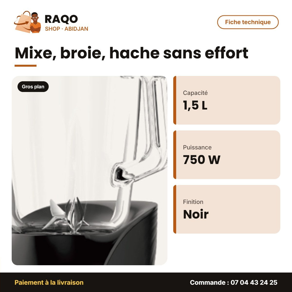 Mixeur Midea 1.5L – 750W – Bol en Verre – Moteur Couleur Noir | MIXER_BL1190