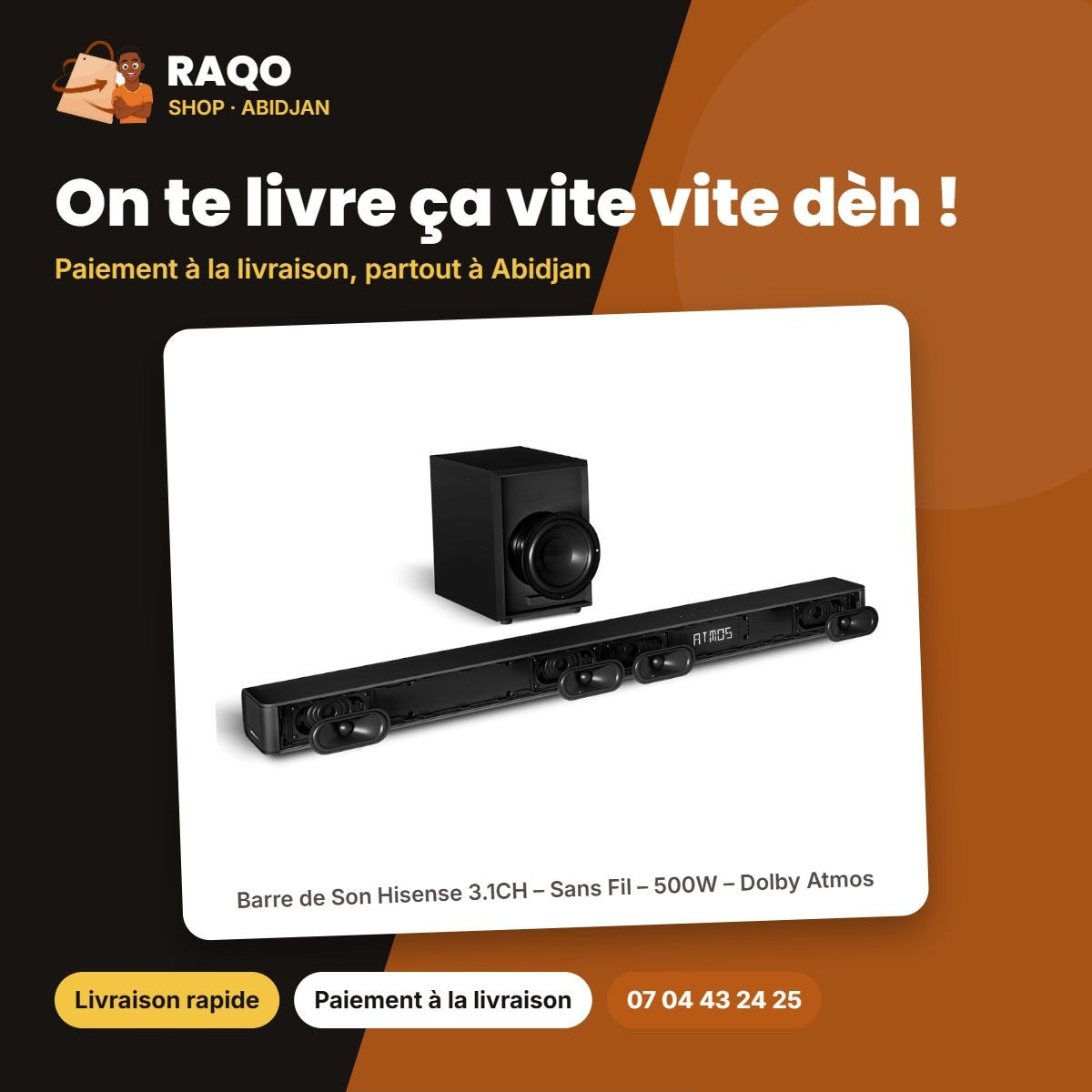 Barre de Son Hisense 3.1CH – Sans Fil – 500W – Dolby Atmos | AX3100Q
