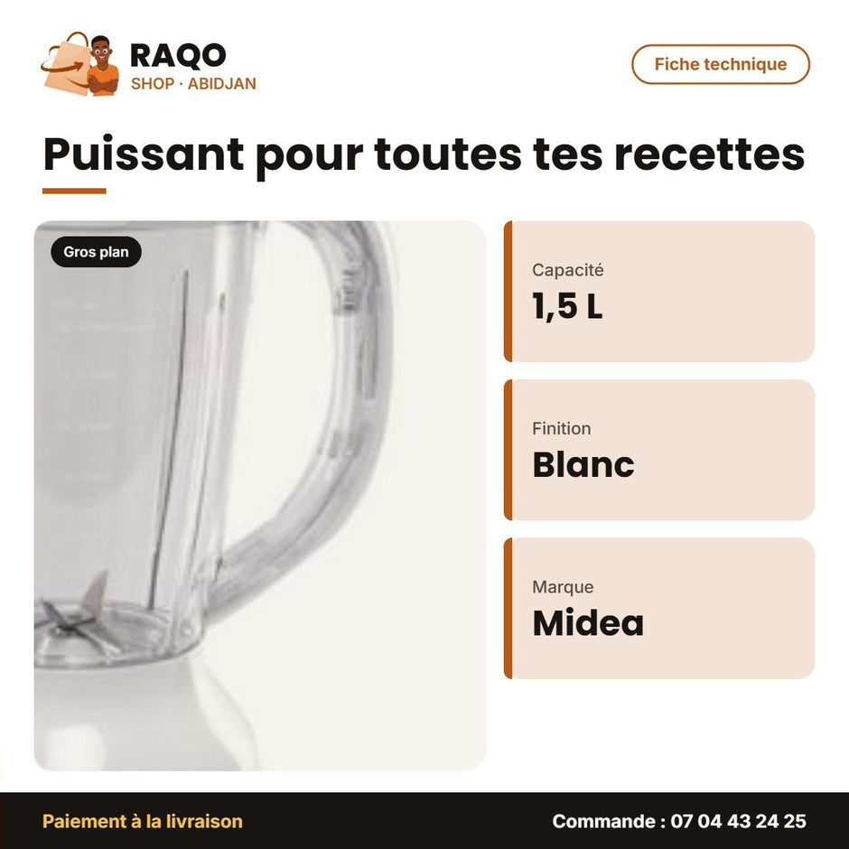Mixeur Midea Blanc 1.5 Litres Plastique | MIDEA_MJ-BL40G1