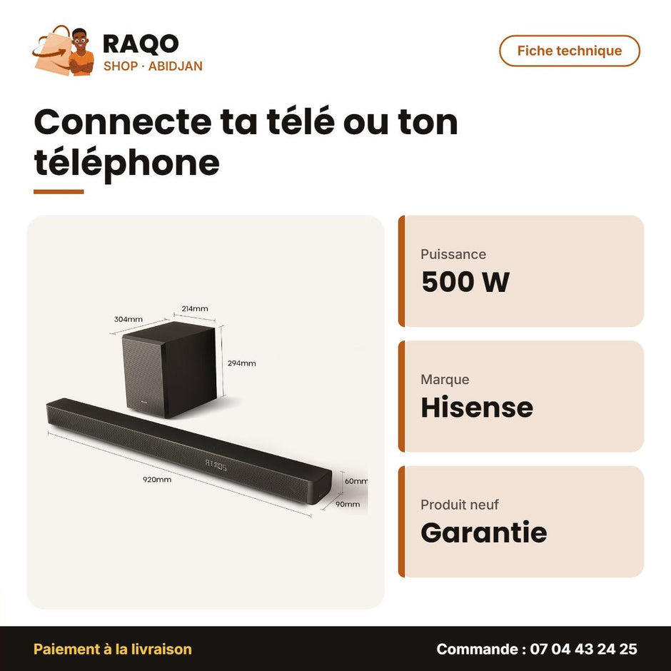 Barre de Son Hisense 3.1CH – Sans Fil – 500W – Dolby Atmos | AX3100Q