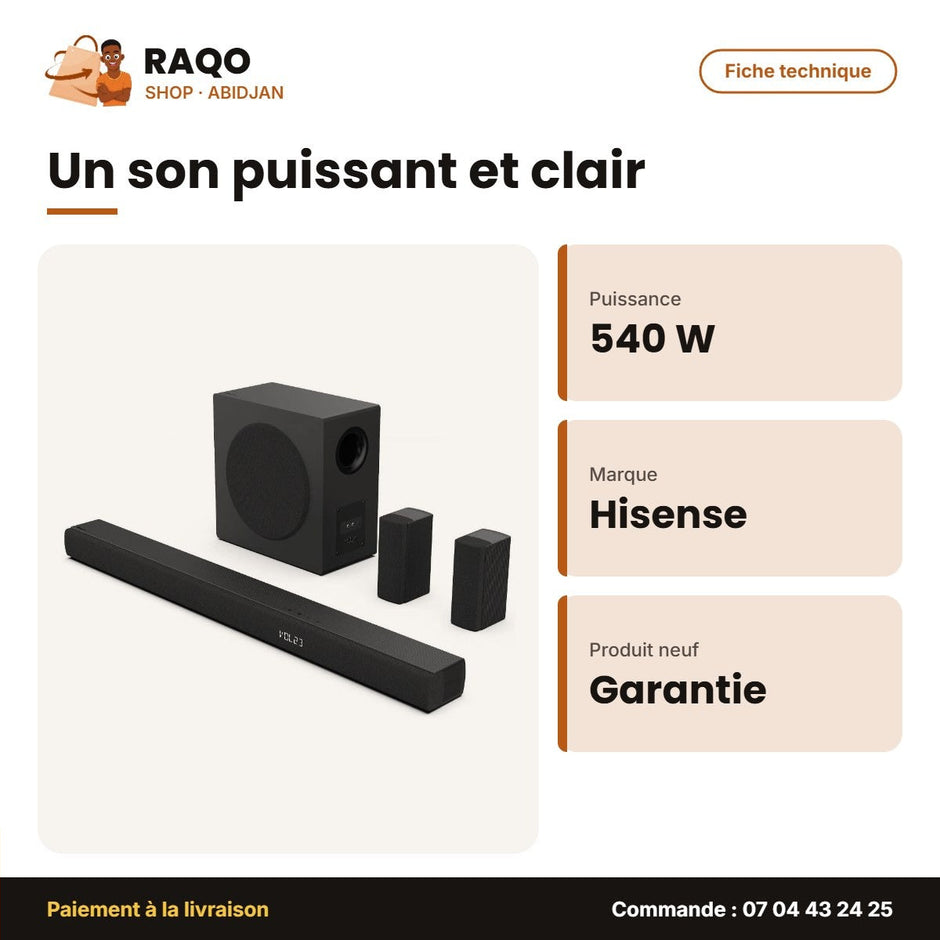 Barre de Son Hisense – Caiss.de Bass sans Fil 5.1CH – 540W – HDMI Arc | HS5100