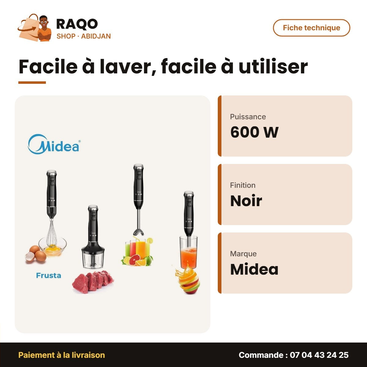 Mixeur à Main-Hand Blender Midea – 600W – Avec Bol 600ML – Noir | MJ-BH6001W