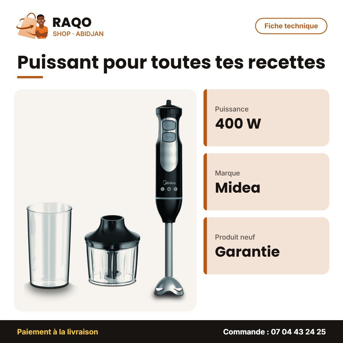 Mixeur à Main Midea – 400W – Avec Bol 600ML – Variable Speed | MJ-BH4001W