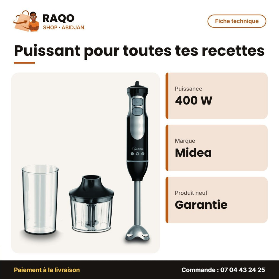 Mixeur à Main Midea – 400W – Avec Bol 600ML – Variable Speed | MJ-BH4001W