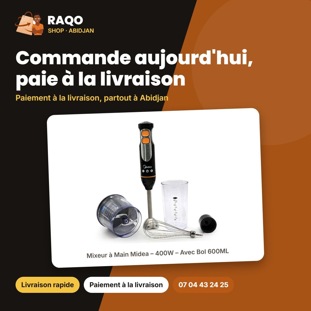 Mixeur à Main Midea – 400W – Avec Bol 600ML – Variable Speed | MJ-BH4001W