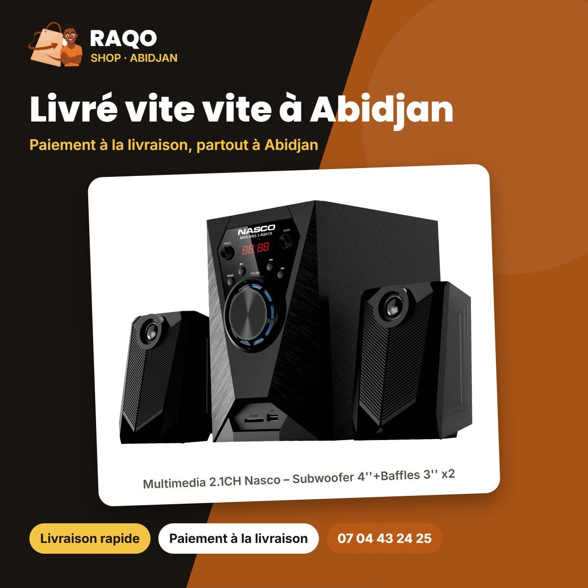 Multimedia 2.1CH Nasco – Subwoofer 4''+BAFFES 3''*2 – Port USB – Sd | NAS-SS2.1-N2412