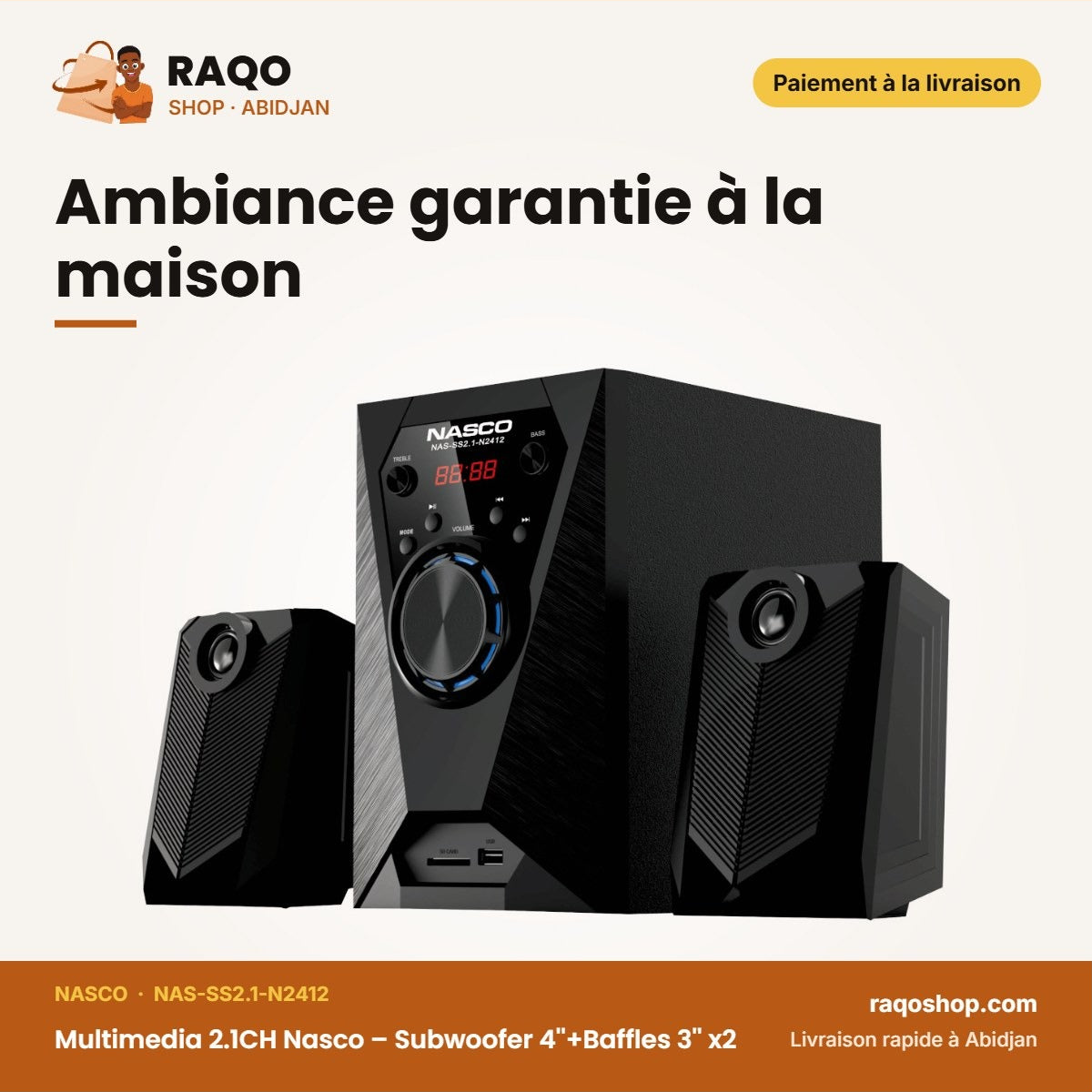 Multimedia 2.1CH Nasco – Subwoofer 4''+BAFFES 3''*2 – Port USB – Sd | NAS-SS2.1-N2412