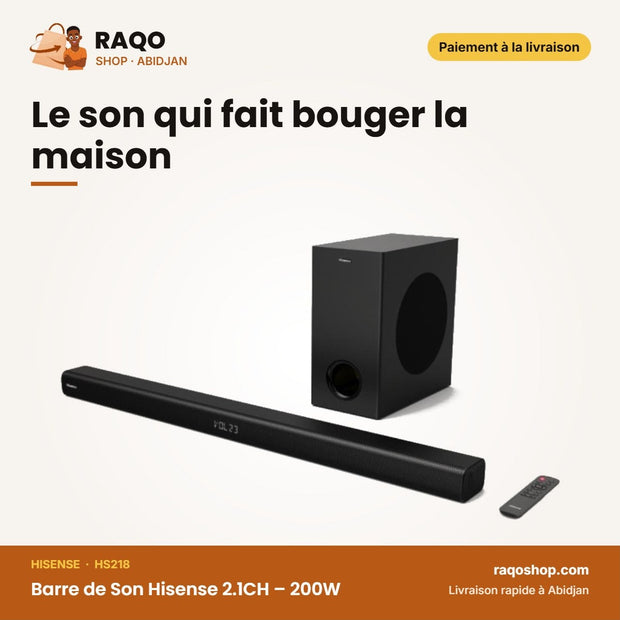 Barre de Son Hisense 2.1CH-38'' – 200W – Caisson de Basse sans Fil – Dolby Audio | HS218