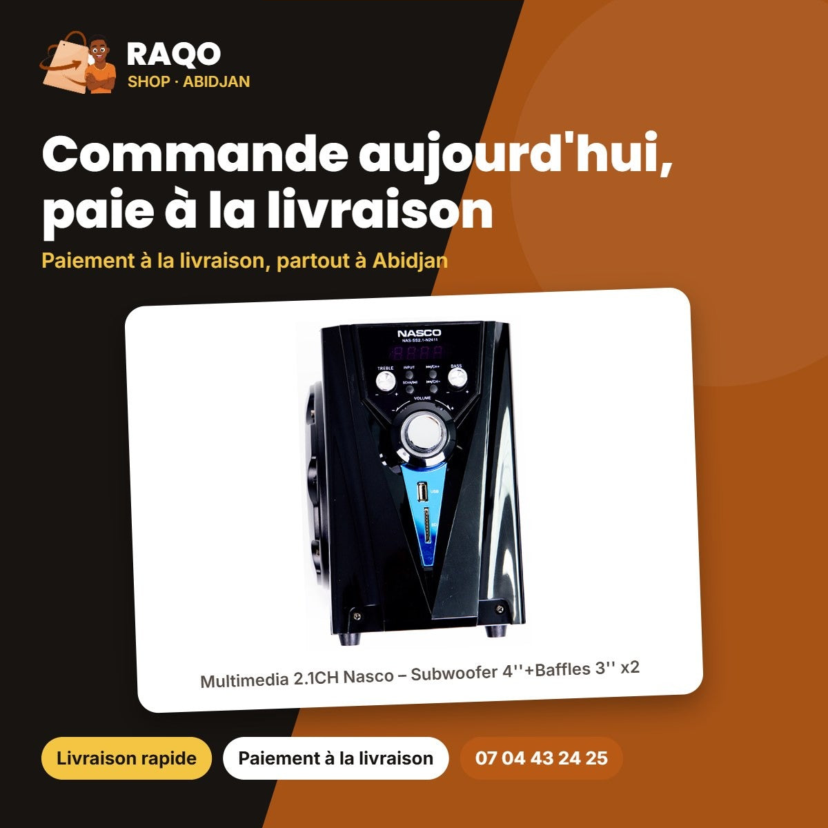 Multimedia 2.1CH Nasco – Subwoofer 4''+BAFFES 3''*2 – Port USB – Sd | NAS-SS2.1-N2411