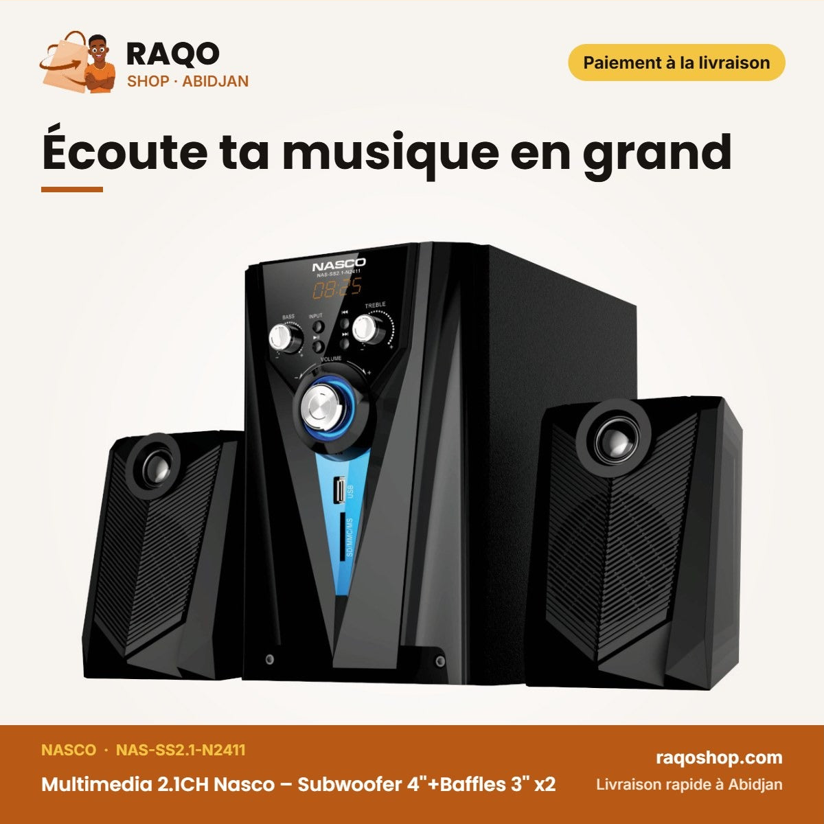 Multimedia 2.1CH Nasco – Subwoofer 4''+BAFFES 3''*2 – Port USB – Sd | NAS-SS2.1-N2411
